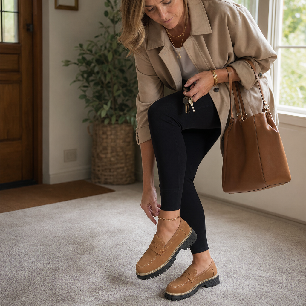 Kvinna i beige trenchcoat som tar på sig sina mokasiner inomhus