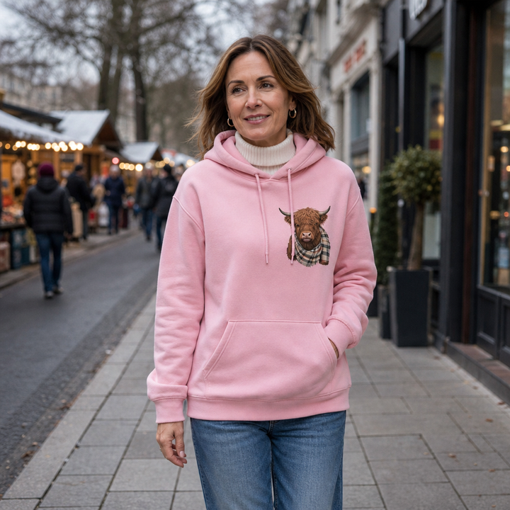Kvinna som promenerar i stadsmiljö iklädd rosa huvtröja