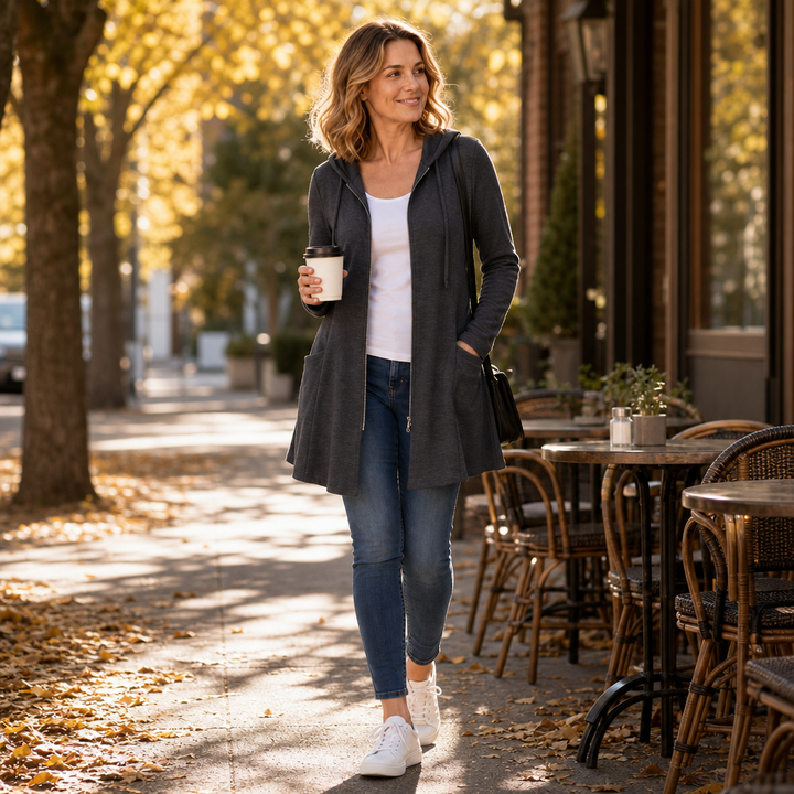 Kvinna som går på gatan i grå lång huvtröja och håller en kaffekopp
