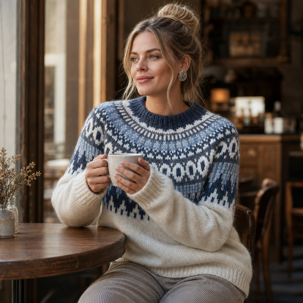 Kvinna som sitter på ett kafé i en mysig stickad tröja