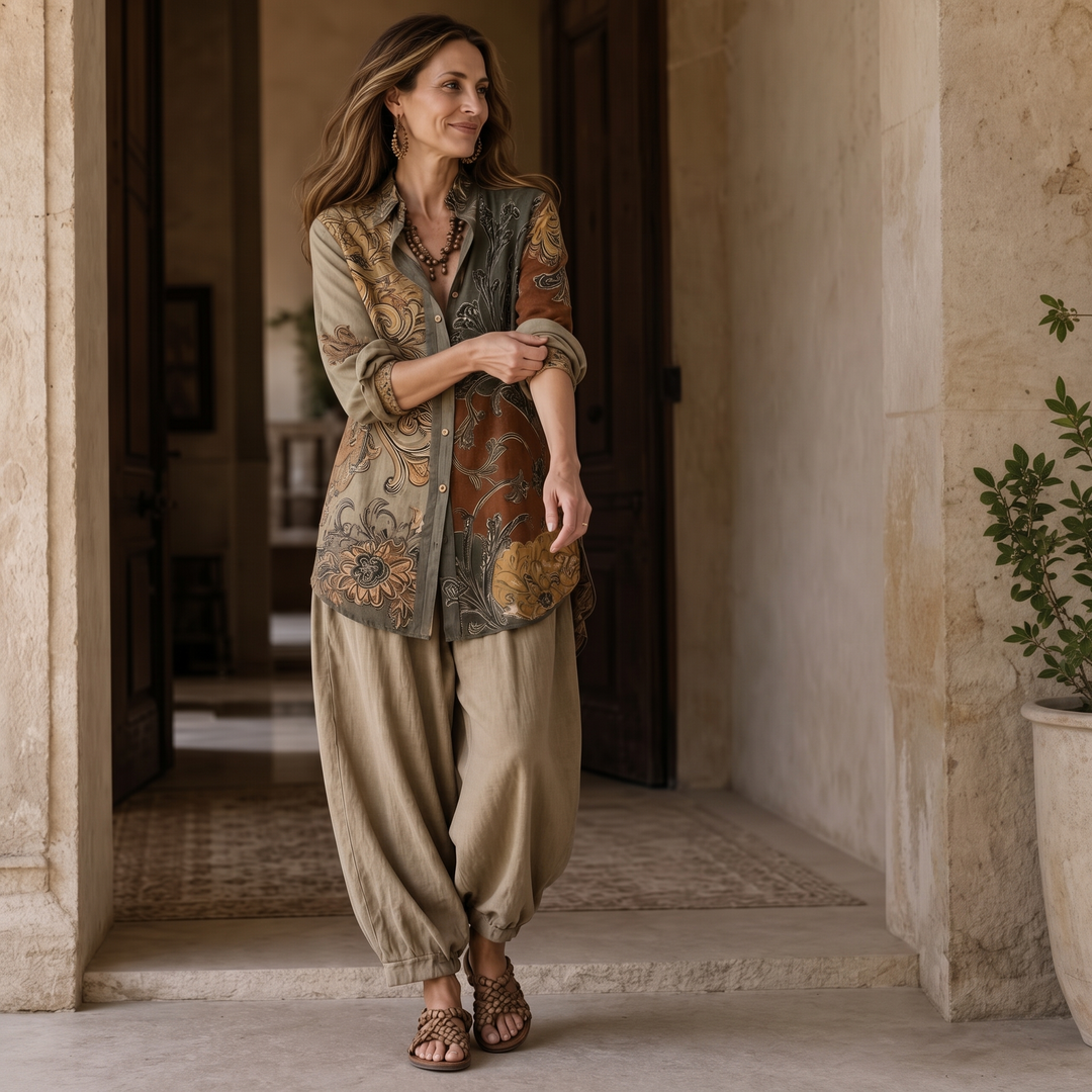 Stilrent damset i boho-stil med mönstrad tunika och bekväma vardagsbyxor