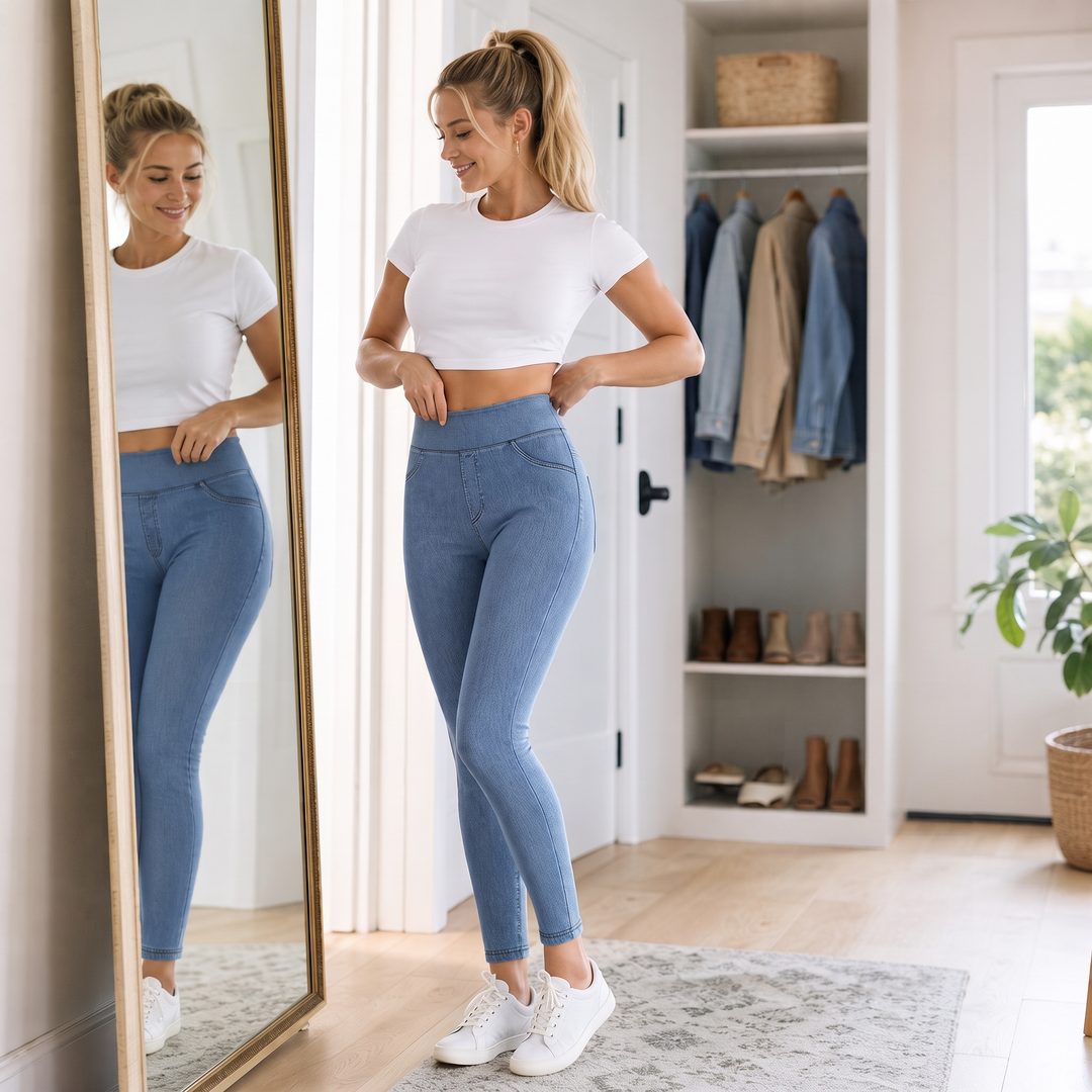 Blå damjeans med hög midja och smal passform framifrån