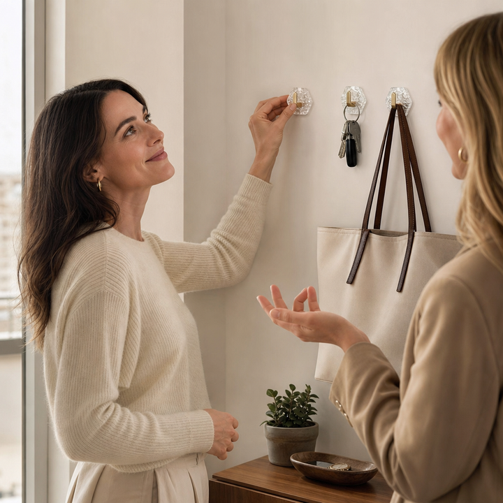 Två kvinnor som visar upp och organiserar hemma med dekorativa väggkrokar