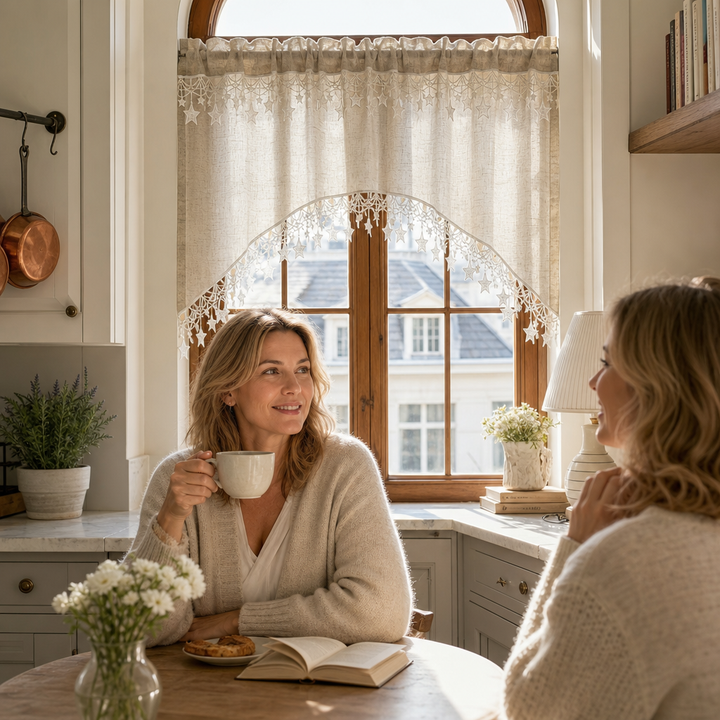 Klassisk halvgardin i hemtextil med dekorativ stjärnspets