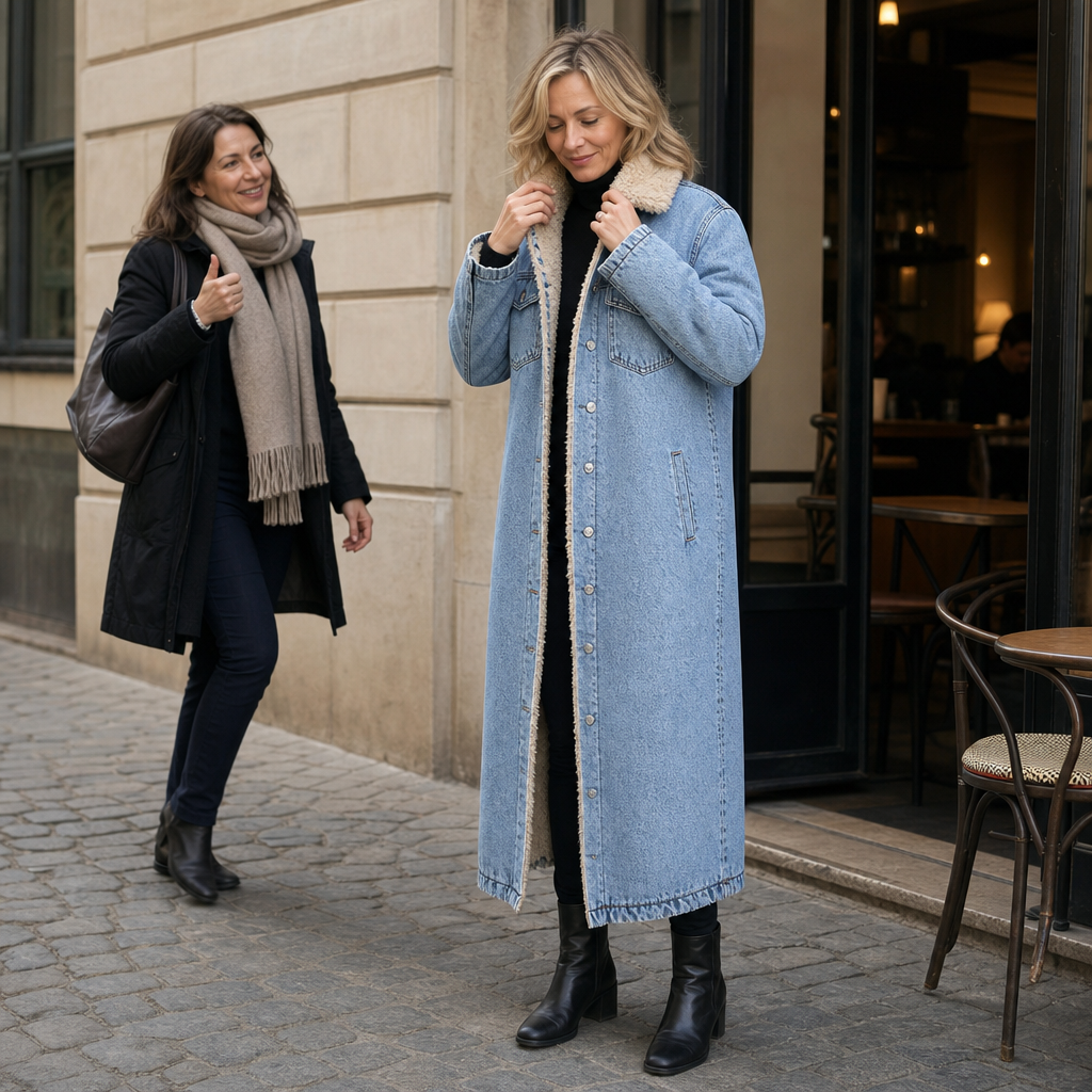 Kvinna provar lång denimkappa utanför ett kafé medan en vän tittar på