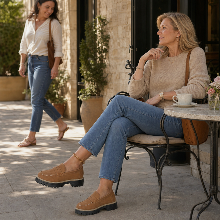 Kvinna som sitter på uteservering iklädd snygga mokasiner och jeans