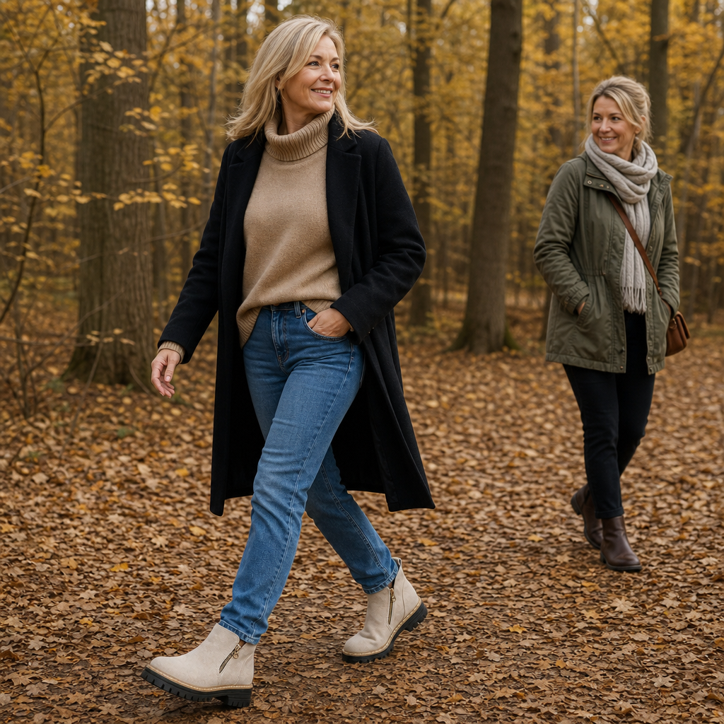 Kvinna som promenerar i skogen med bekväma Stridewell boots