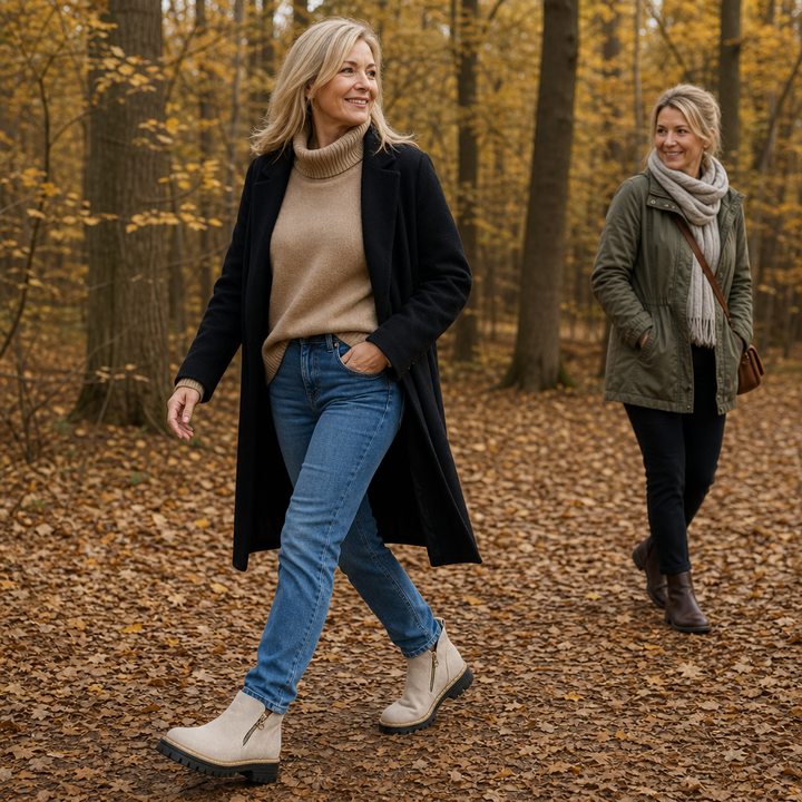 Kvinna som promenerar i skogen med bekväma Stridewell boots