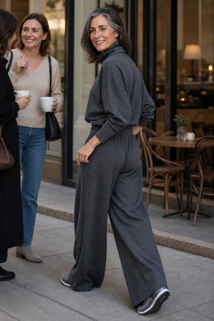Kvinna i mörkgrått set som går på gatan nära ett café.