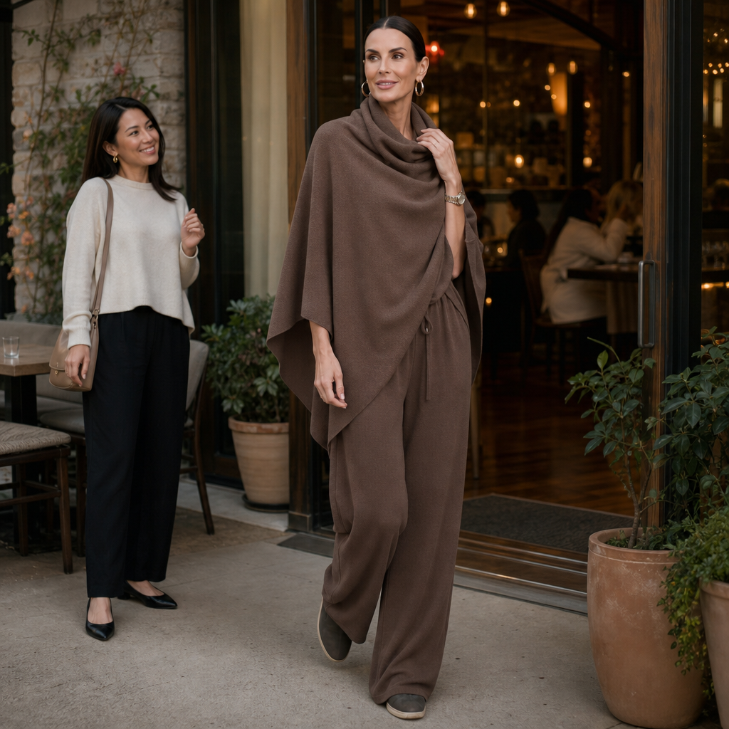 Elegant damset med draperad topp och stilrena vida byxor i matchande färg