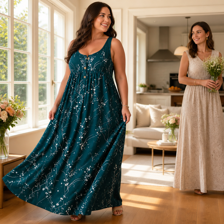 Plus size maxiklänning för dam i luftigt tyg med somrigt blommönster