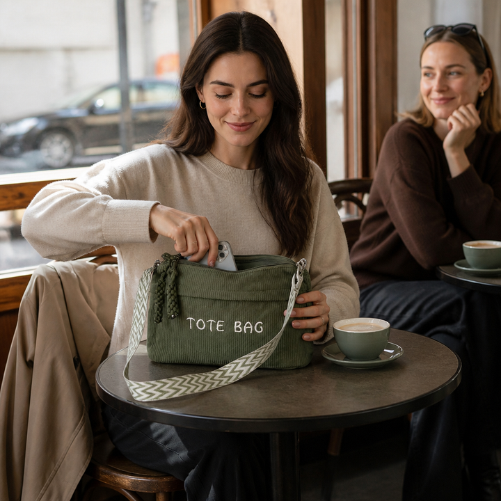 Kvinna som tar upp telefonen ur sin gröna Corduvia axelväska på café