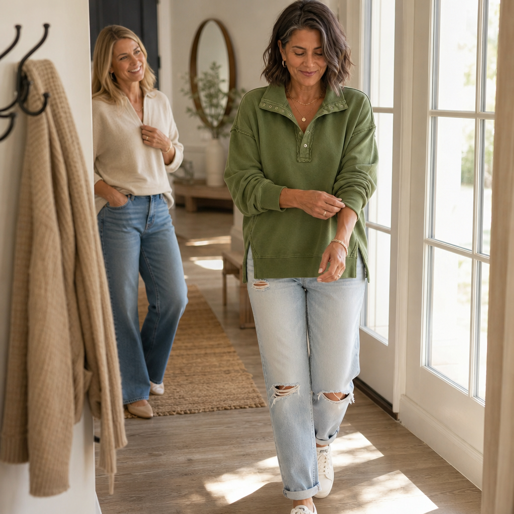 Beige damtröja henley oversize med krage framifrån, vardagsmode