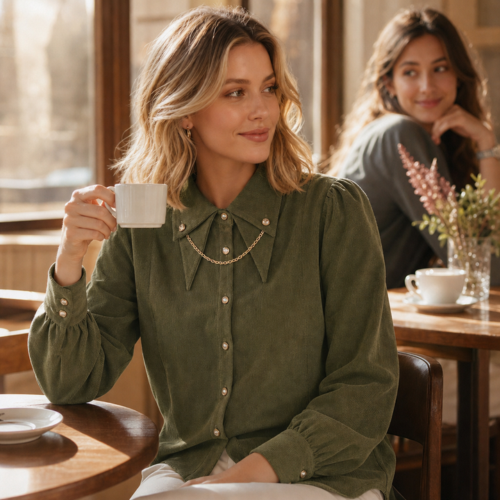 Kvinna som sitter på café och bär den gröna skjortan med kragdetaljer