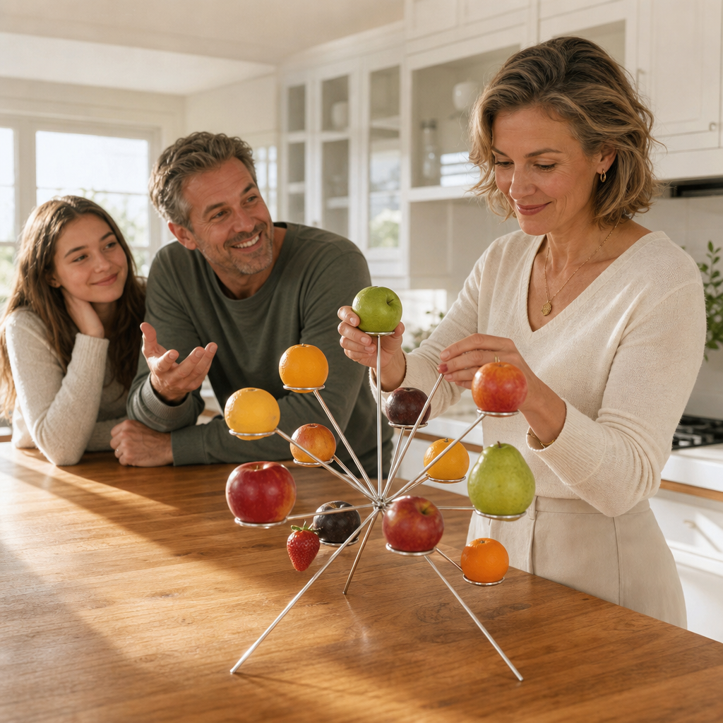 Familj som tittar på frukten på det moderna ställ i rostfritt stål