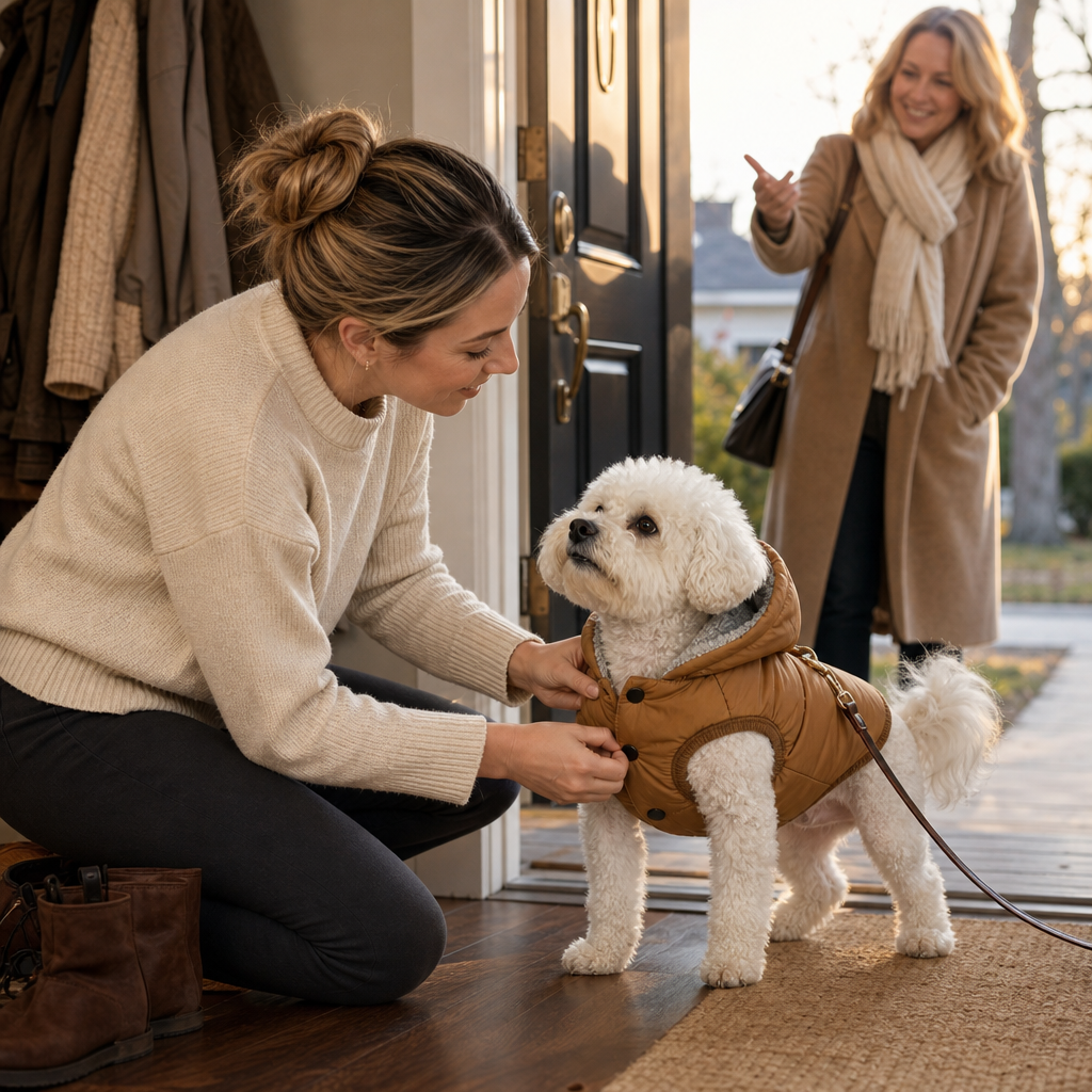 Vindtät hundjacka med inbyggt fäste för koppel framifrån