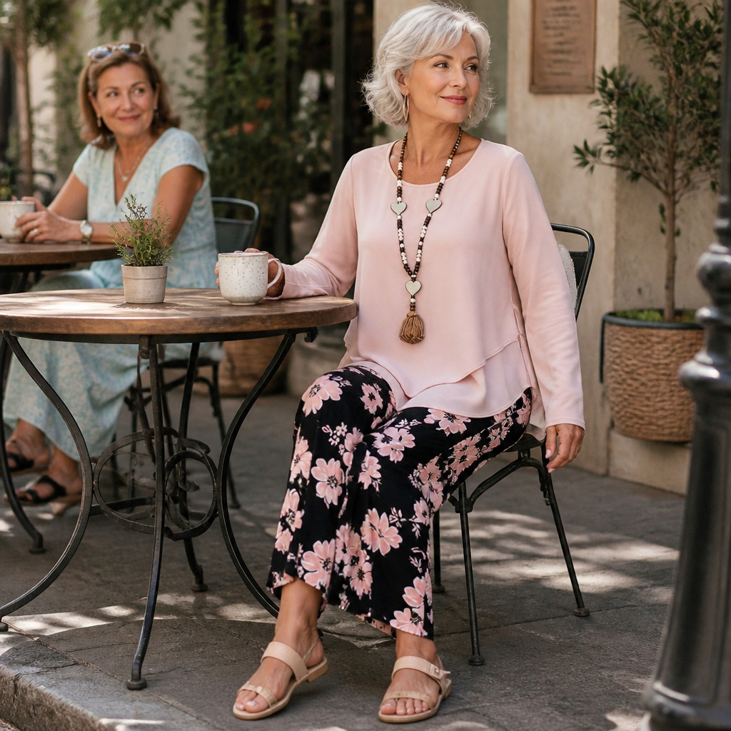 Kvinna som sitter vid uteservering i rosa top och mönstrade byxor