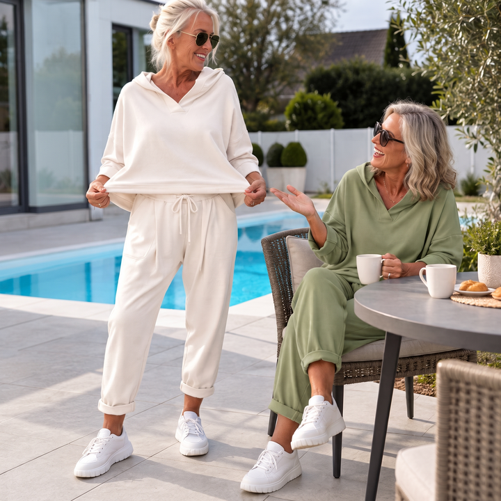 Mjukt loungewear-set för dam i neutral färg framifrån