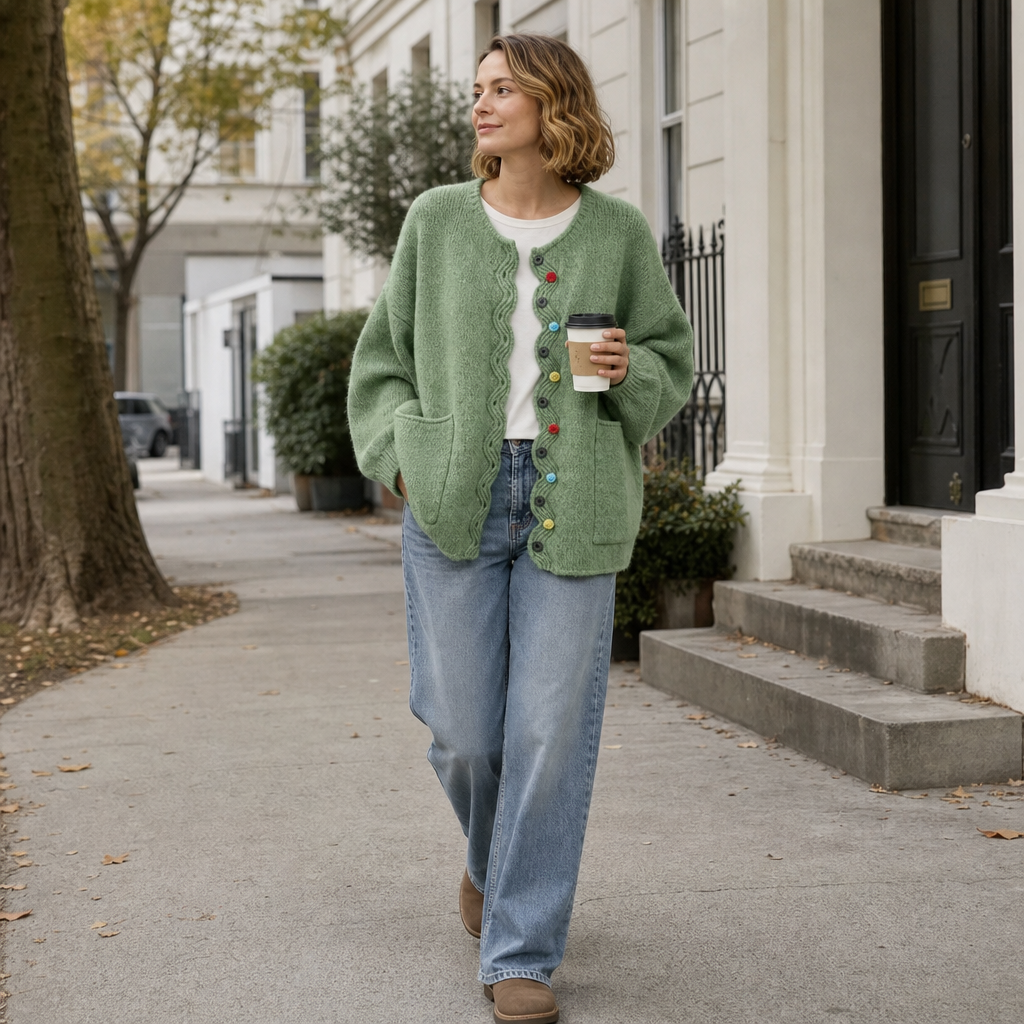 Kvinna i grön cardigan och jeans promenerar på gatan
