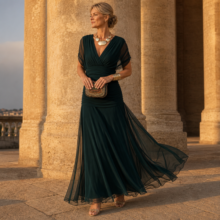 Svart draperad aftonklänning för damer med sexig off-shoulder skärning
