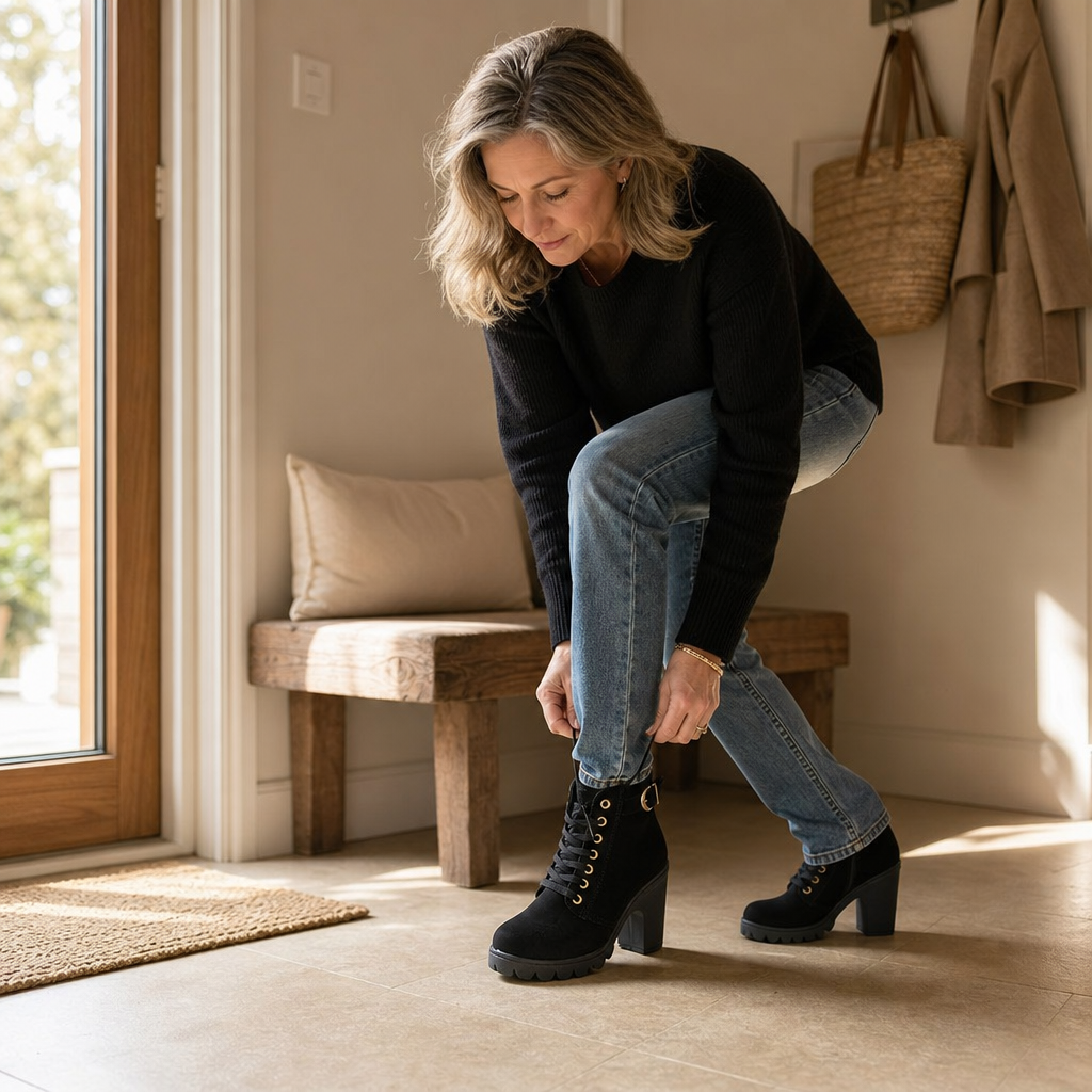 Ankelboots med chunky heel och rejäl sula sedda bakifrån