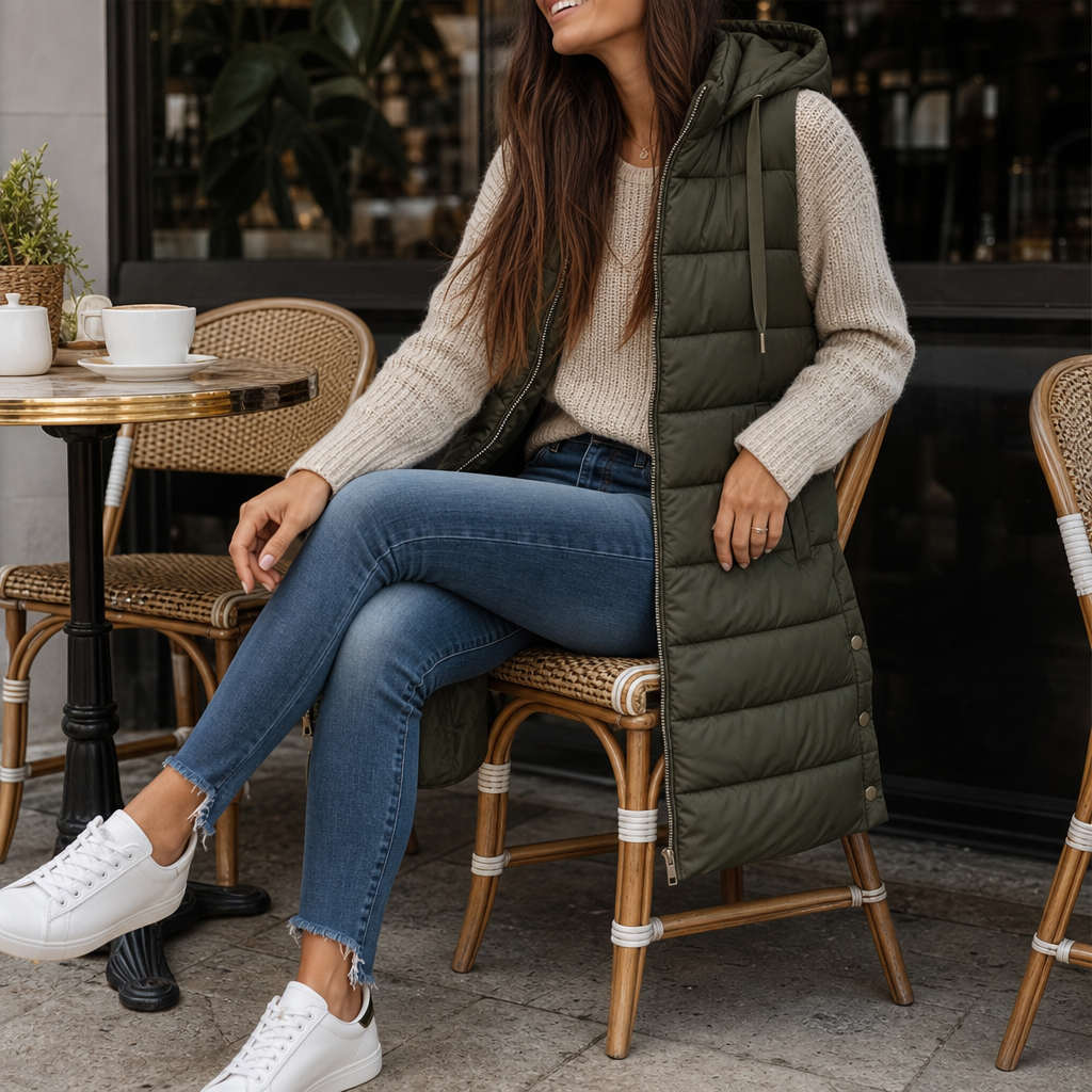 Svart lång vadderad damväst sedd bakifrån för en komplett översikt av höstmode och vintermode