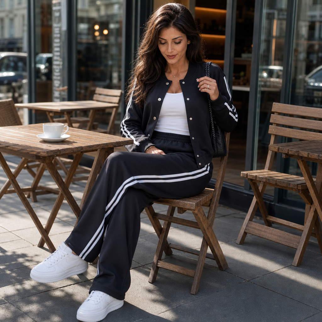 Blått tvådelat loungewear set med randigt mönster och vida ben