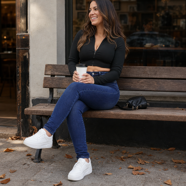 Stretchiga skinny jeans för dam i blå denim med mjukt foder