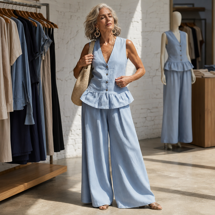 Modell i himmelsblått set bärande väska i en butiksmiljö