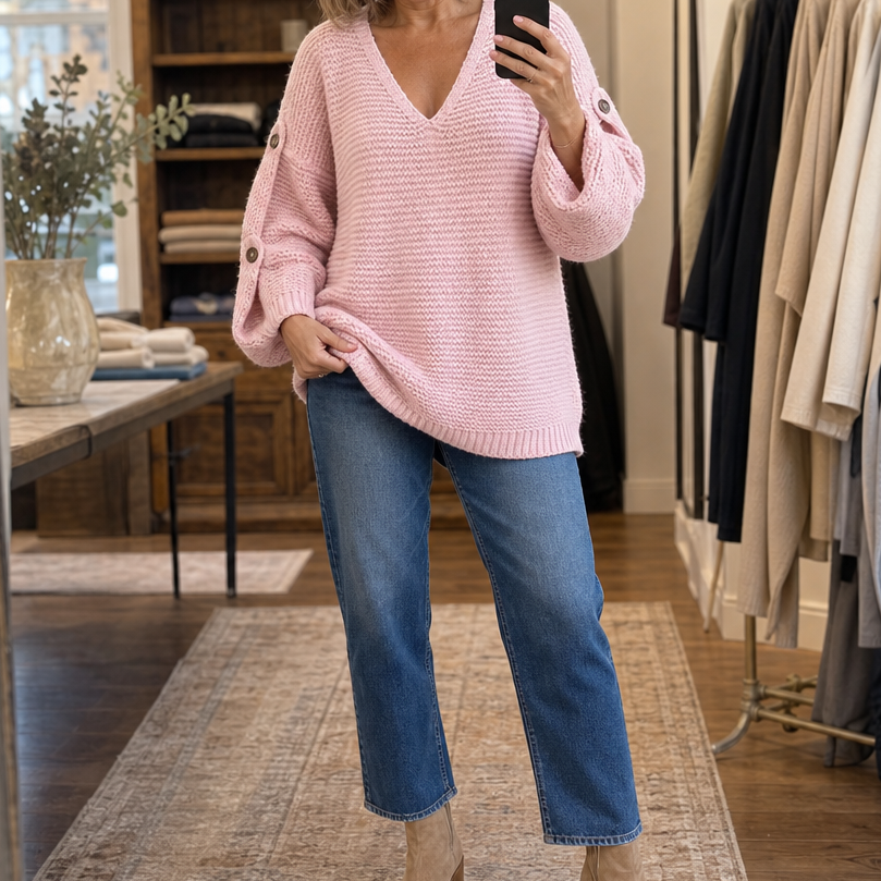 Kvinna som står framför hylla och visar rosa tröja tillsammans med jeans