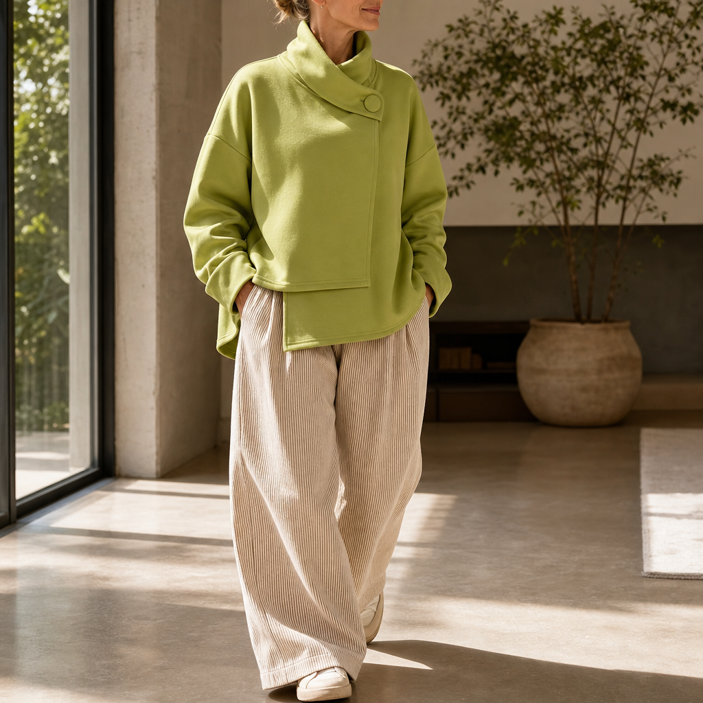 Stilren grön sweatshirt för dam med unik krage i bekväm vardagsdesign