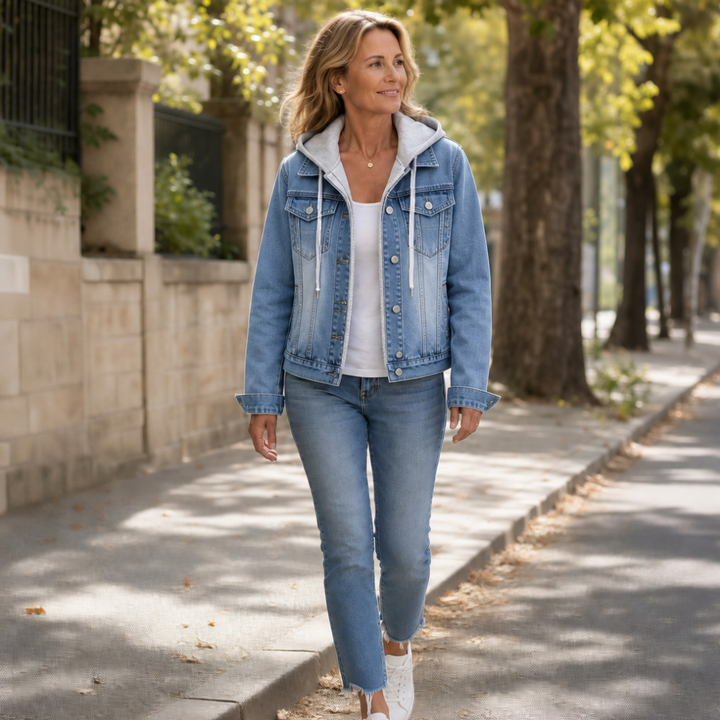 Ljusblå damjacka med huva och knäppning, snygg modell för vardagsmode
