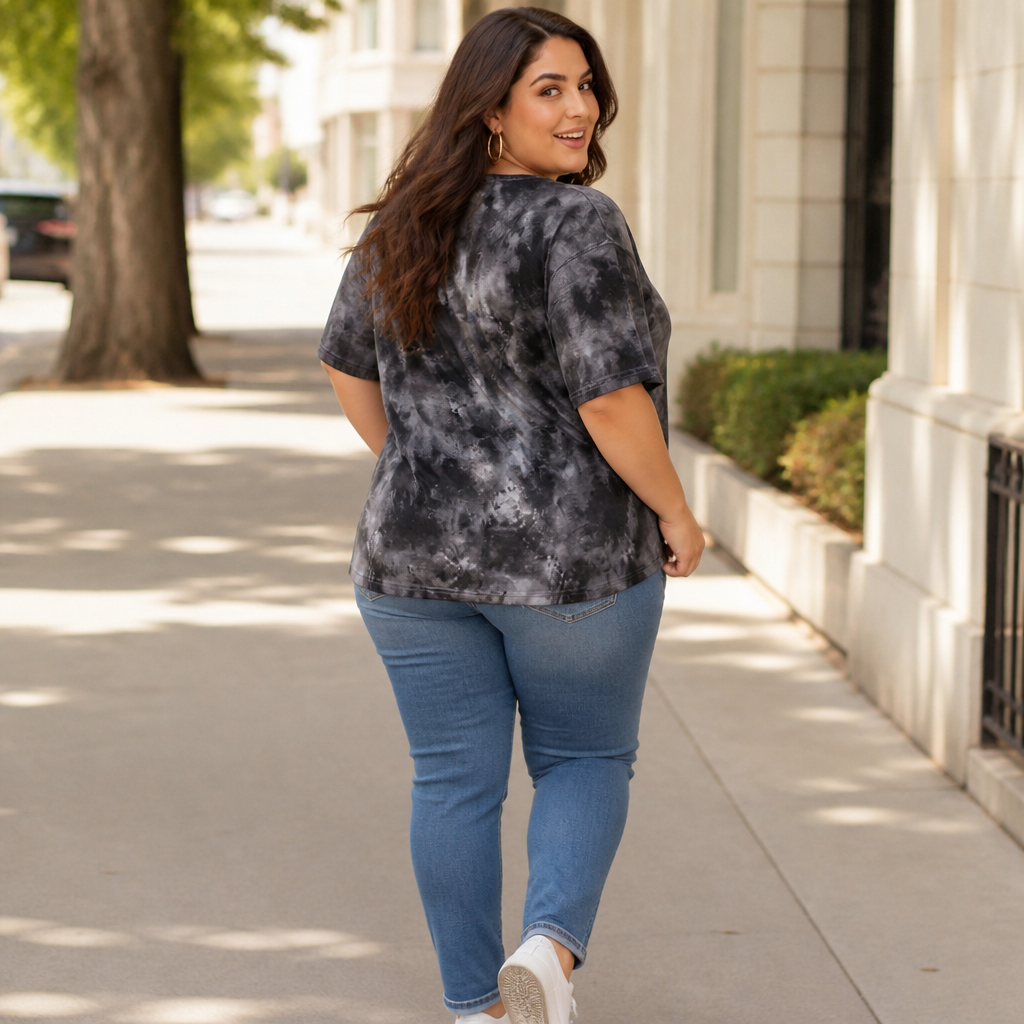 Snygg plus size damtopp med färgglatt batikmönster framifrån