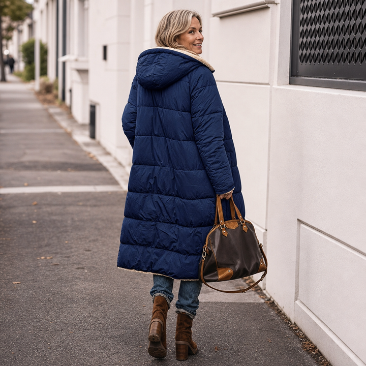 Blå damernas vändbara vinterkappa med sherpa-stil och huva