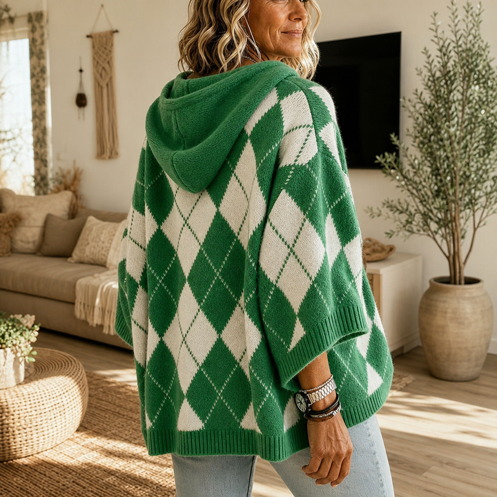 Snygg damponcho med huva och klassiskt argyle-mönster