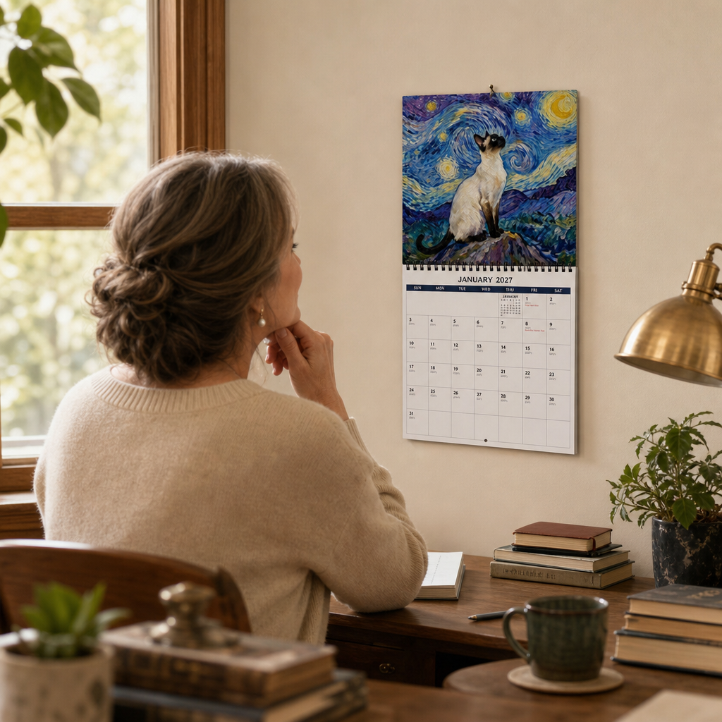 Kvinna som tittar på sin väggkalender med konstfulla kattmotiv