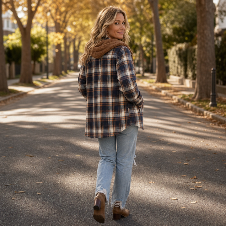 Snygg flanelljacka dam med krage och knappar i hip-length modell