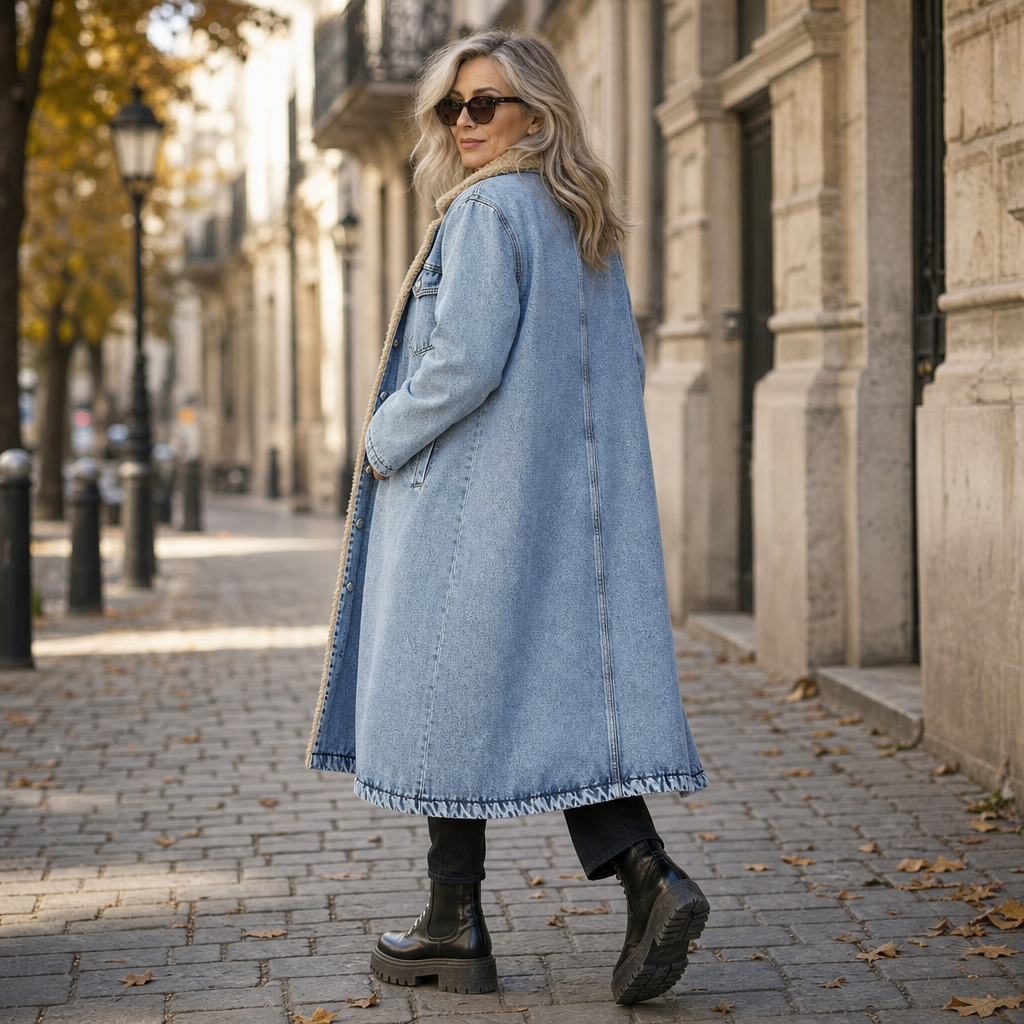 Snygg jeanskappa i hellång modell med mysigt foder, bakifrån