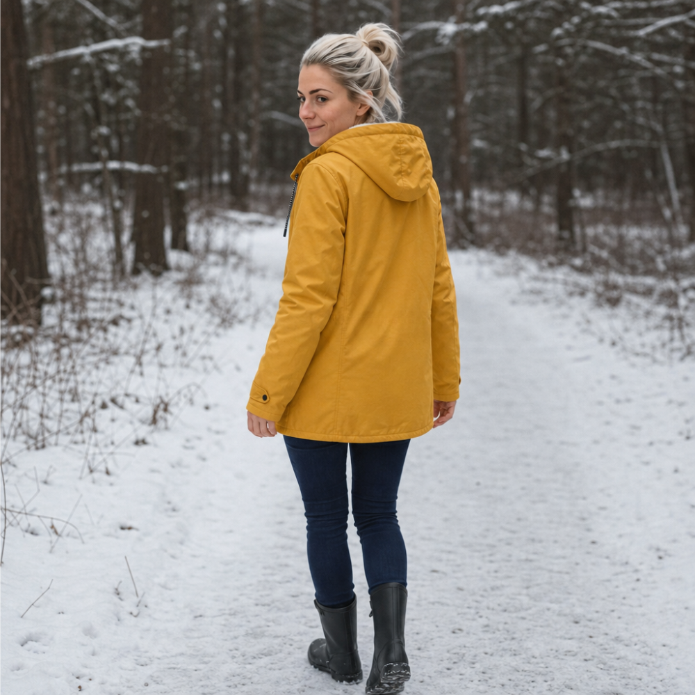 Varm damjacka för vinter med mysigt foder och praktiska fickor