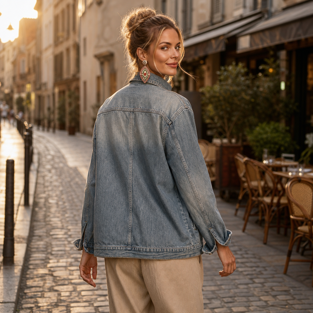 Blå damjacka i denim med asymmetrisk design och oversize passform, framifrån