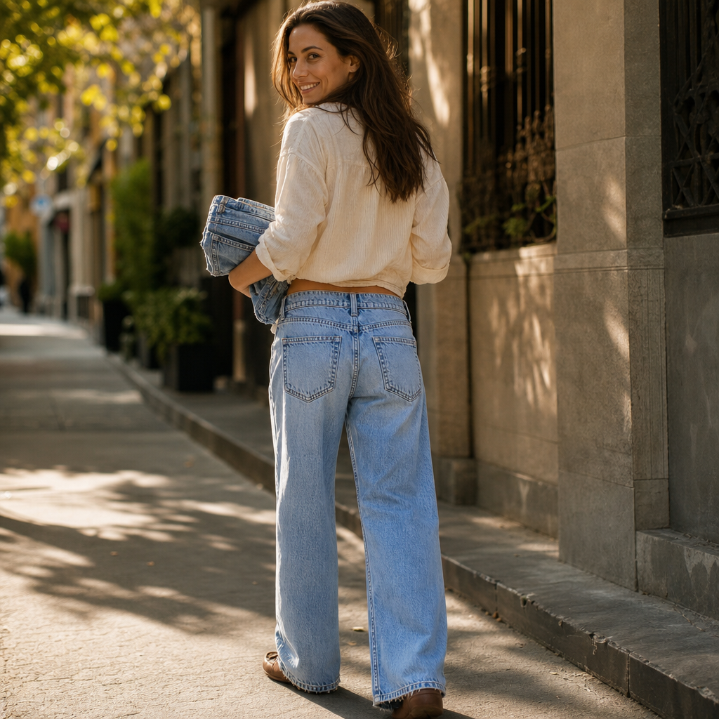 Ljusa damjeans med hög midja och vida ben, bakifrån i klassisk stil