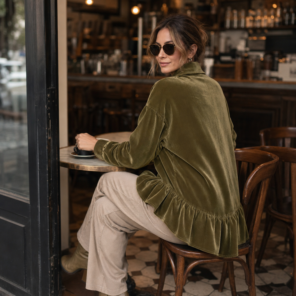 Asymmetrisk blus Velvetta i oliv med lång ärm och elegant skärning