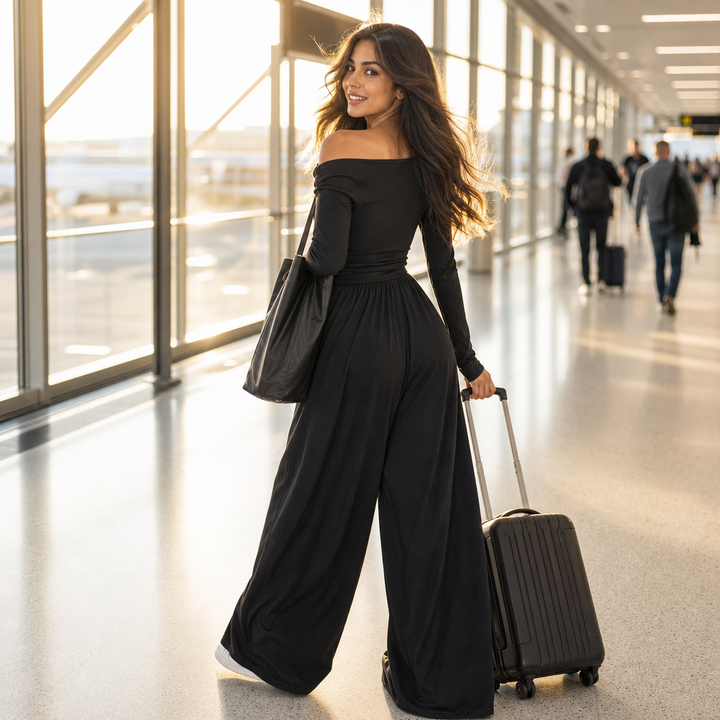 Damernas eleganta off-shoulder jumpsuit med vida ben framifrån