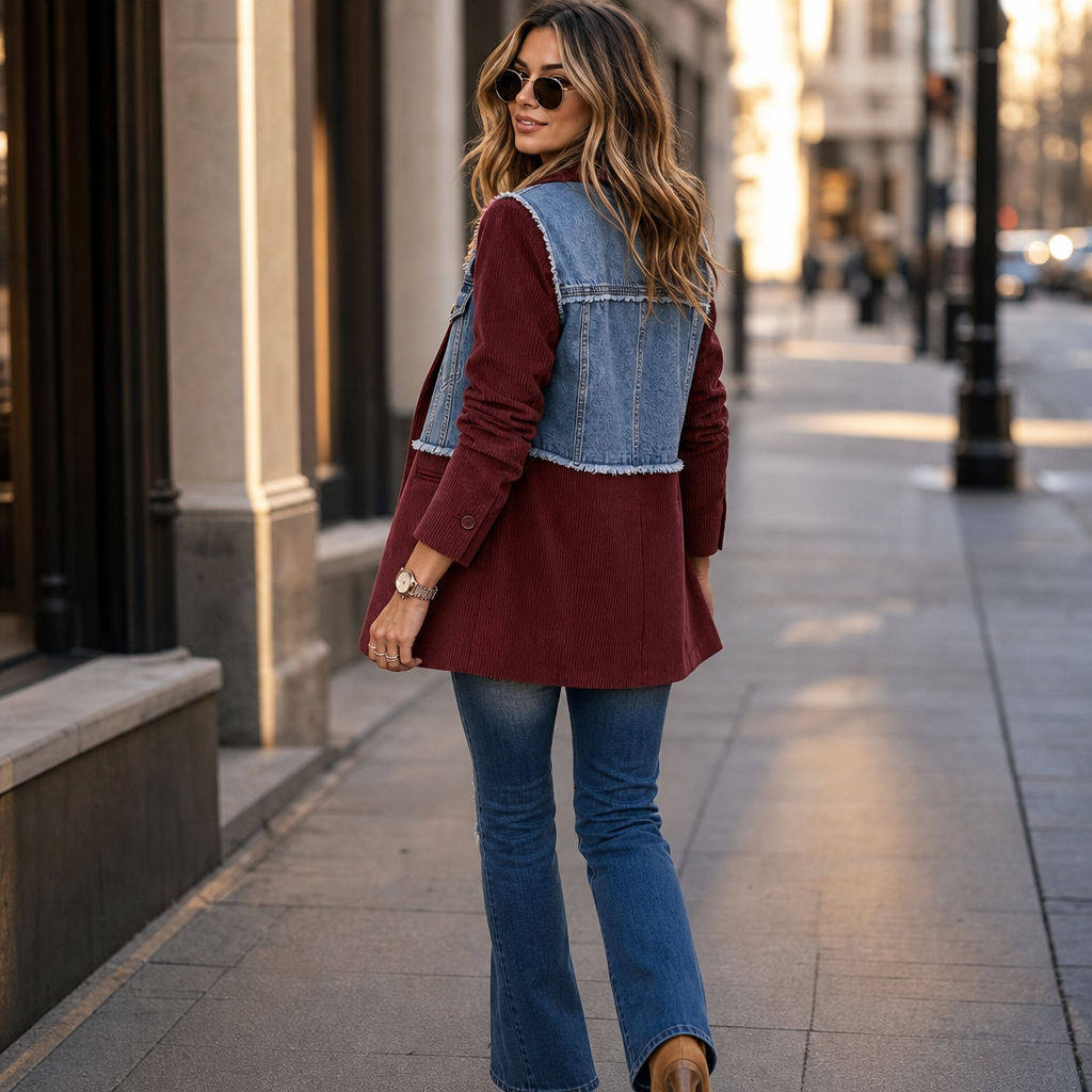 Snygg damer blazer med denimdetaljer och lång modell