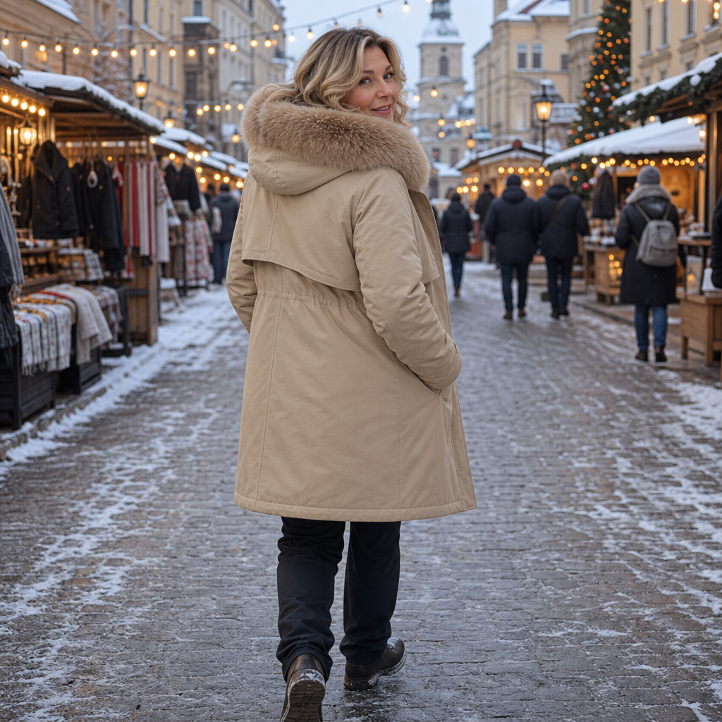 Blå damjacka med fuskpälsdetalj på huvan visad bakifrån