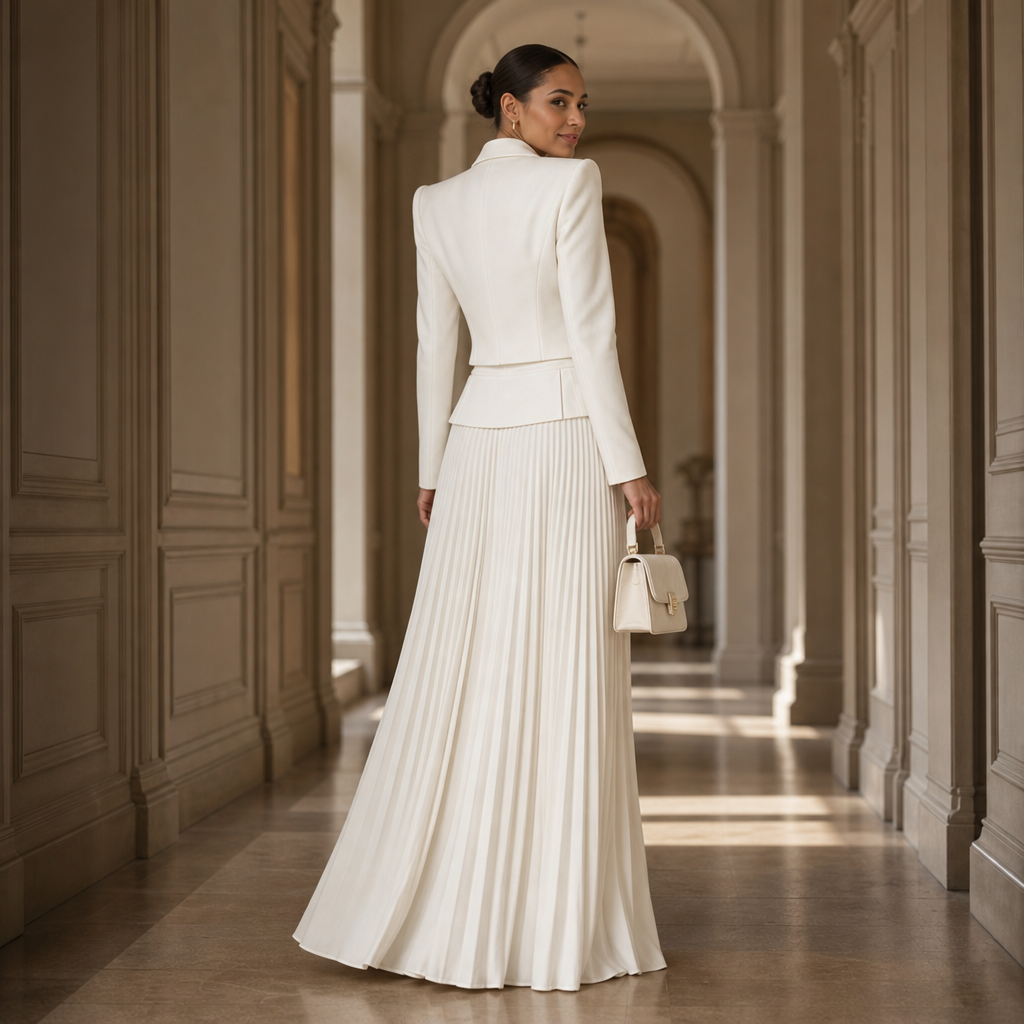Elegant damkläder set med figursydd kavaj och plisserad kjol