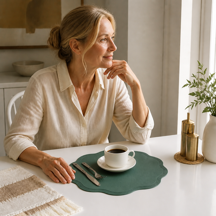 Kvinna som sitter vid ett ljust matbord med ett grönt Wearbella bordsunderlägg och kaffekopp
