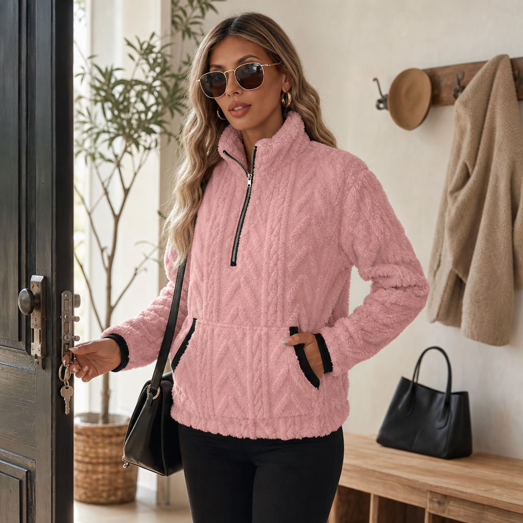 Rosa damtröja med halvdragkedja och mysig fleece