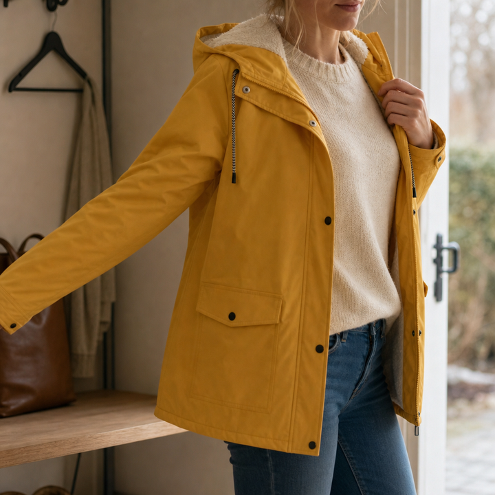 Snygg vinterjacka dam med huva visad bakifrån i vardagsstil
