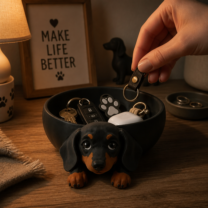 Närbild på nyckelskål med hunddesign som håller ordning på småsaker